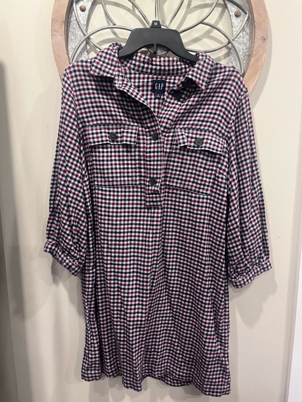 GAP Red & Navy Gingham Button-Front flannel shirt dress